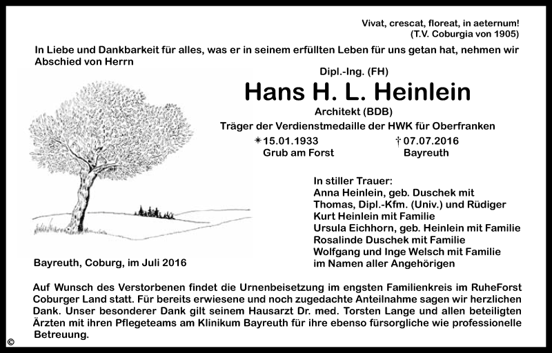  Traueranzeige für Hans H. L. Heinlein vom 16.07.2016 aus Nordbayerischer Kurier