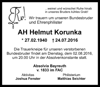 Anzeige von Helmut Korunka von Nordbayerischer Kurier