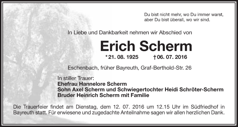  Traueranzeige für Erich Scherm vom 08.07.2016 aus Nordbayerischer Kurier
