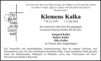 Anzeige von Klemens Kalka von Nordbayerischer Kurier