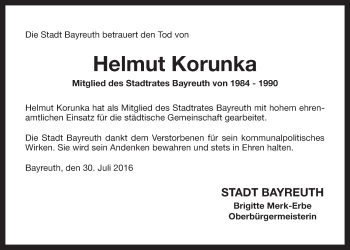 Anzeige von Helmut Korunka von Nordbayerischer Kurier