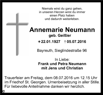 Anzeige von Annemarie Neumann von Nordbayerischer Kurier