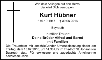 Anzeige von Kurt Hübner von Nordbayerischer Kurier