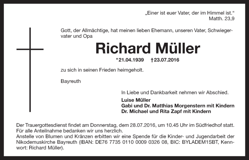  Traueranzeige für Richard Müller vom 26.07.2016 aus Nordbayerischer Kurier