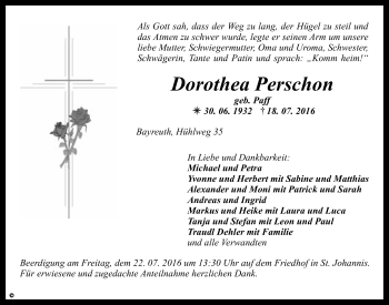 Anzeige von Dorothea Perschon von Nordbayerischer Kurier