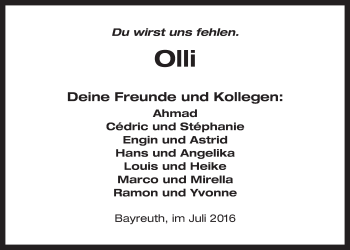 Anzeige von Oliver Weiss von Nordbayerischer Kurier