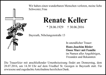 Anzeige von Renate Keller von Nordbayerischer Kurier