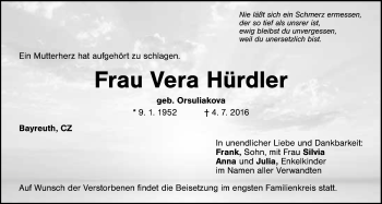 Anzeige von Vera Hürdler von Nordbayerischer Kurier