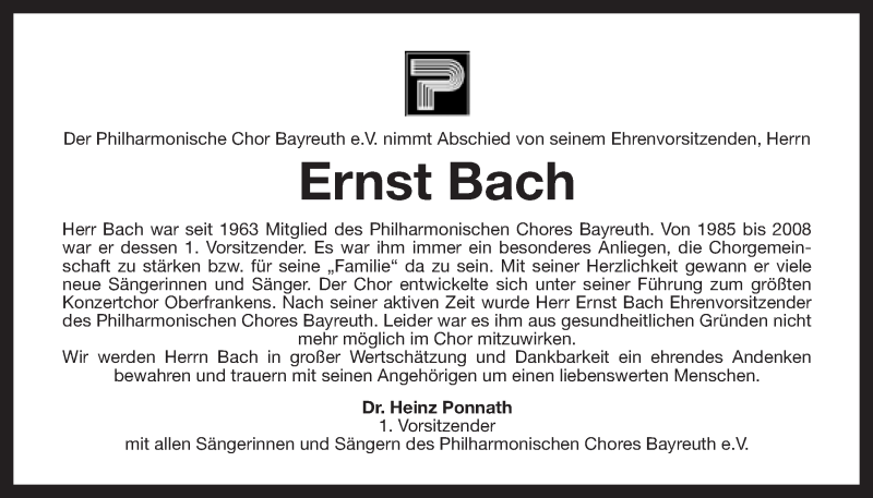  Traueranzeige für Ernst Bach vom 01.07.2016 aus Nordbayerischer Kurier