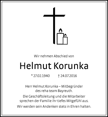 Anzeige von Helmut Korunka von Nordbayerischer Kurier