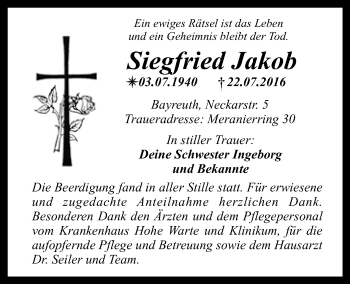 Anzeige von Siegfried Jakob von Nordbayerischer Kurier