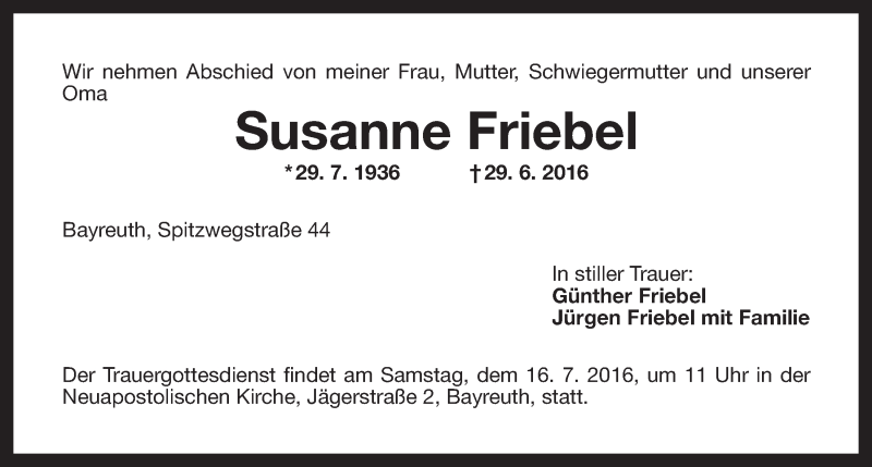  Traueranzeige für Susanne Friebel vom 09.07.2016 aus Nordbayerischer Kurier