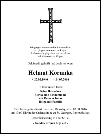 Anzeige von Helmut Korunka von Nordbayerischer Kurier