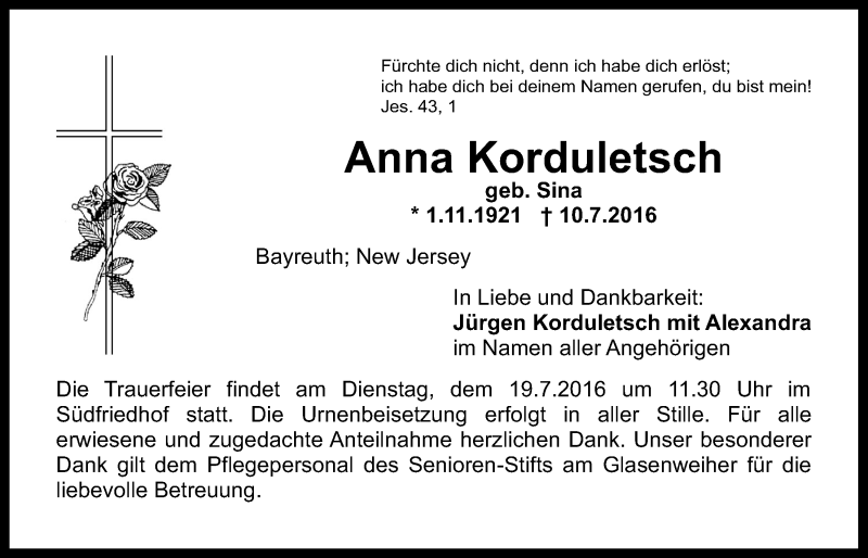  Traueranzeige für Anna Korduletsch vom 15.07.2016 aus Nordbayerischer Kurier
