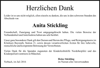 Anzeige von Anita Stickling von Nordbayerischer Kurier