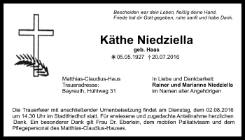 Anzeige von Käthe Niedziella von Nordbayerischer Kurier