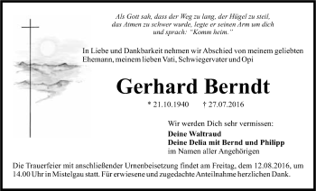 Anzeige von Gerhard Berndt von Nordbayerischer Kurier