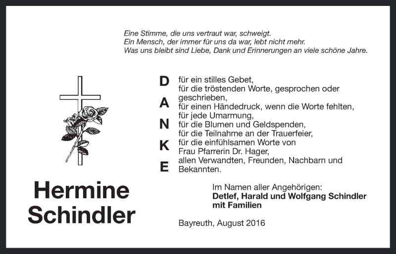  Traueranzeige für Hermine Schindler vom 09.08.2016 aus Nordbayerischer Kurier