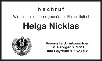 Anzeige von Helga Nicklas von Nordbayerischer Kurier
