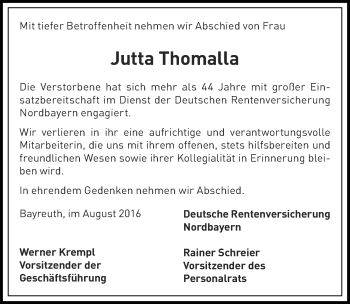 Anzeige von Jutta Thomalla von Nordbayerischer Kurier