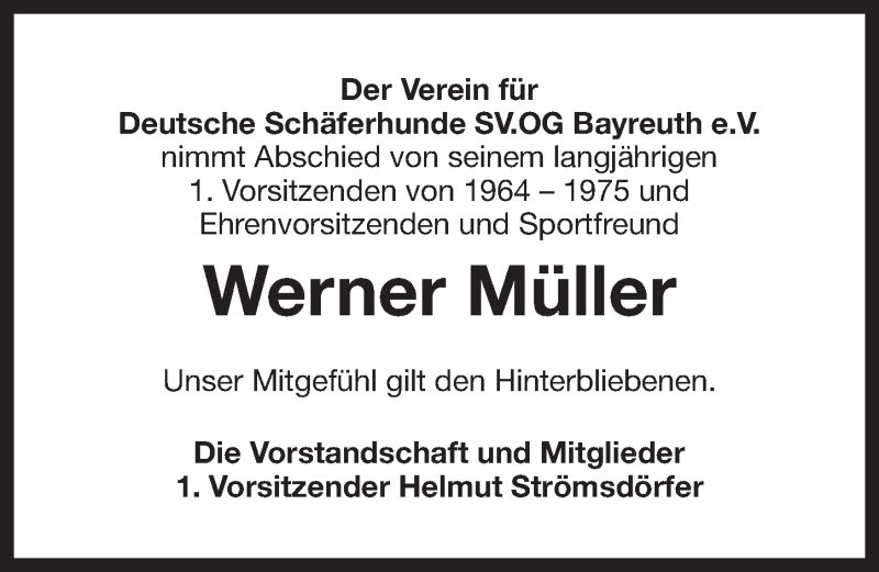  Traueranzeige für Werner Müller vom 13.08.2016 aus Nordbayerischer Kurier