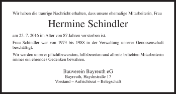 Anzeige von Hermine Schindler von Nordbayerischer Kurier