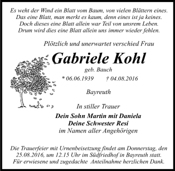 Anzeige von Gabriele Kohl von Nordbayerischer Kurier