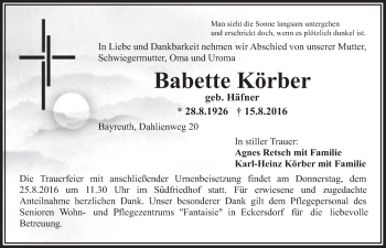 Anzeige von Babette Körber von Nordbayerischer Kurier