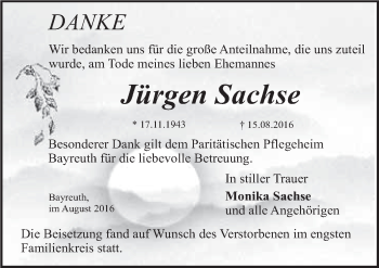 Anzeige von Jürgen Sachse von Nordbayerischer Kurier