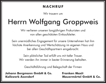 Anzeige von Wolfgang Groppweis von Nordbayerischer Kurier