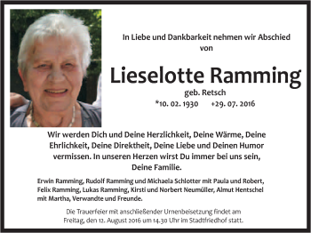 Anzeige von Lieselotte Ramming von Nordbayerischer Kurier