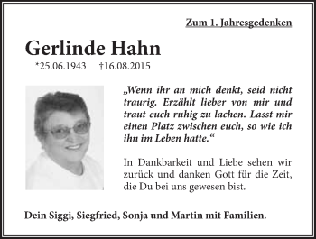 Anzeige von Gerlinde Hahn von Nordbayerischer Kurier