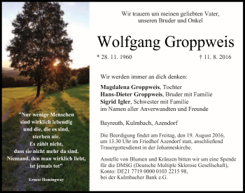 Anzeige von Wolfgang Groppweis von Nordbayerischer Kurier