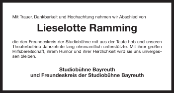 Anzeige von Lieselotte Ramming von Nordbayerischer Kurier