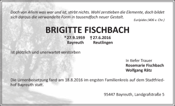 Anzeige von Brigitte Fischbach von Nordbayerischer Kurier