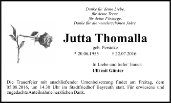 Anzeige von Jutta Thomalla von Nordbayerischer Kurier