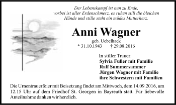 Anzeige von Anni Wagner von Nordbayerischer Kurier