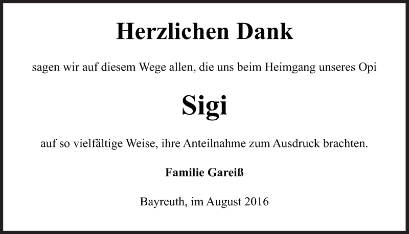  Traueranzeige für Siegfried Gareiß vom 06.08.2016 aus Nordbayerischer Kurier