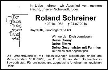 Anzeige von Roland Schreiner von Nordbayerischer Kurier