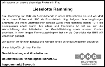 Anzeige von Lieselotte Ramming von Nordbayerischer Kurier