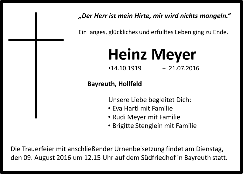  Traueranzeige für Heinz Meyer vom 02.08.2016 aus Nordbayerischer Kurier