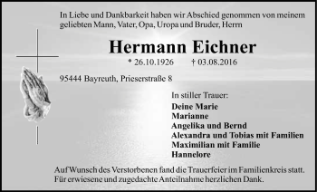 Anzeige von Hermann Eichner von Nordbayerischer Kurier