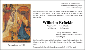 Anzeige von Wilhelm Otto Brückle von Nordbayerischer Kurier
