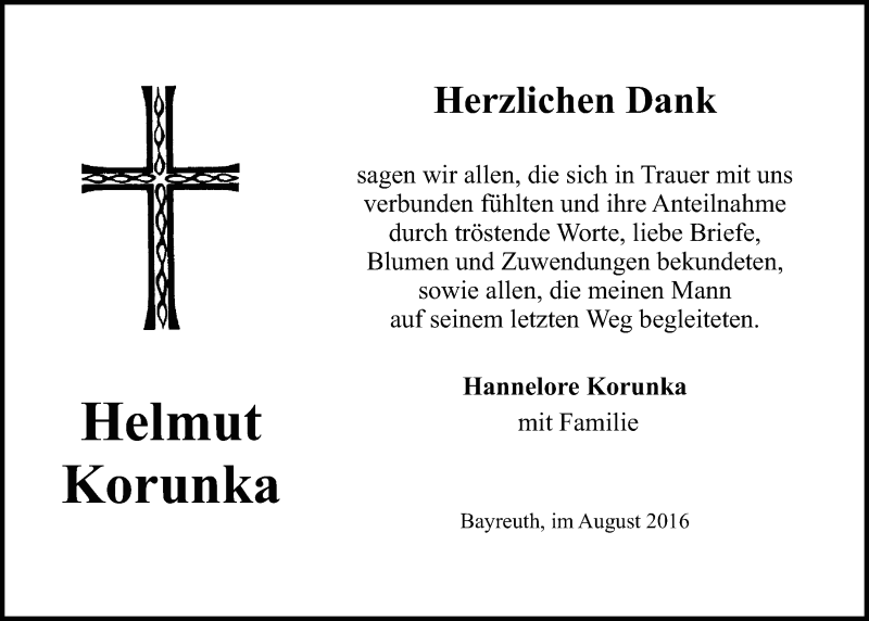  Traueranzeige für Helmut Korunka vom 13.08.2016 aus Nordbayerischer Kurier