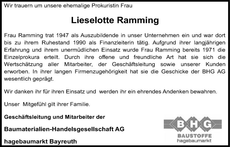  Traueranzeige für Lieselotte Ramming vom 11.08.2016 aus Nordbayerischer Kurier