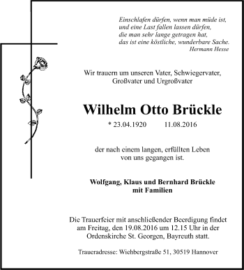 Anzeige von Wilhelm Otto Brückle von Nordbayerischer Kurier