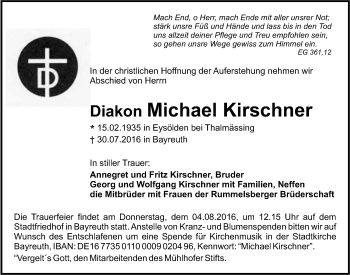 Anzeige von Michael Kirschner von Nordbayerischer Kurier