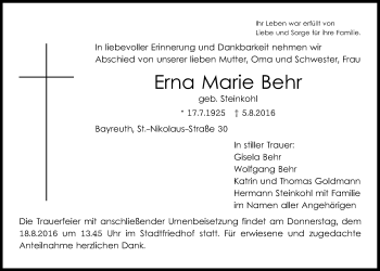 Anzeige von Erna Marie Behr von Nordbayerischer Kurier