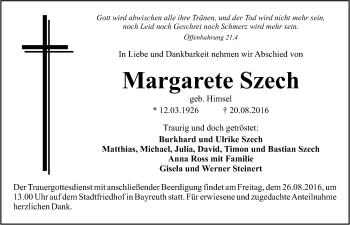 Anzeige von Margarete Szech von Nordbayerischer Kurier