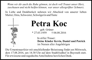 Anzeige von Petra Koc von Nordbayerischer Kurier